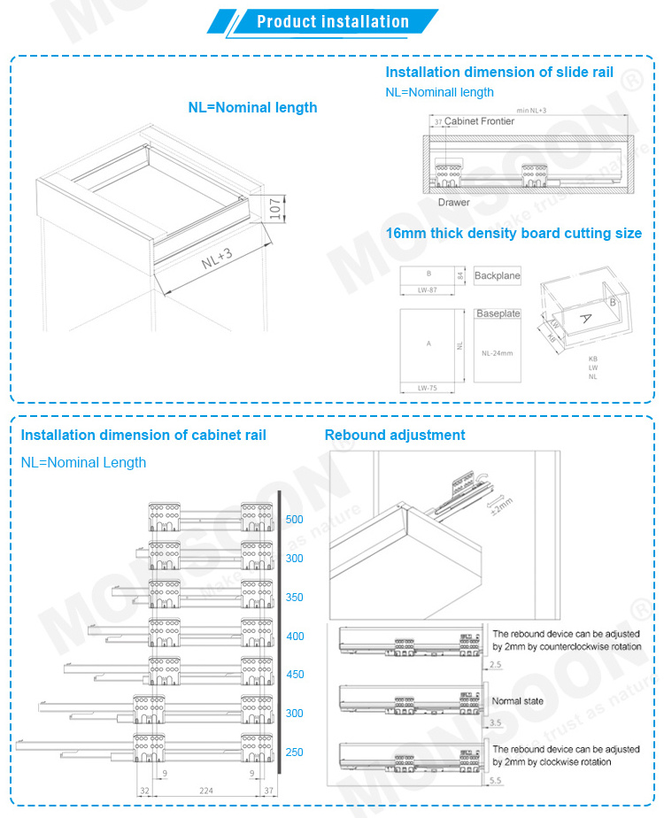 metal sliding drawer box Manufacture Adjustable Soft Close  Metal Double Wall Drawer Guide Slide System for Kitchen Cabinet