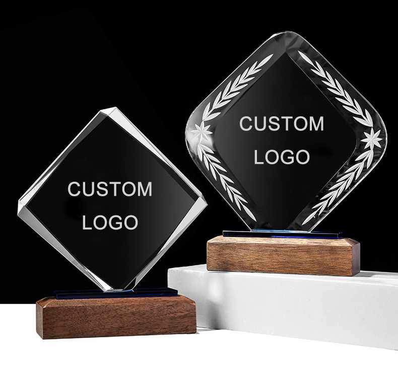 Blank Handmade Crystal Awards Custom logo trophy with wooden base for winners with nice gift box package