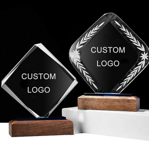 Blank Handmade Crystal Awards Custom logo trophy with wooden base for winners with nice gift box package