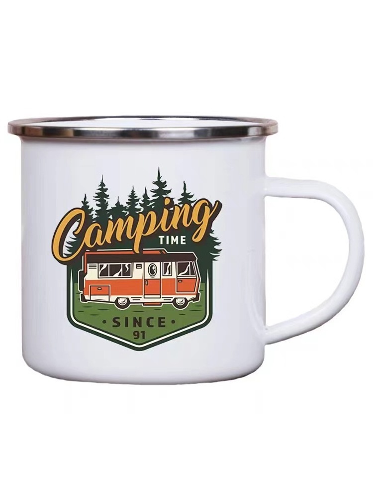 Hot Sales Sublimation Blank White Enamel Mug 12 OZ with Silver Rim Christmas Outdoor Camping Travel Coffee Metal Mug for Gifts