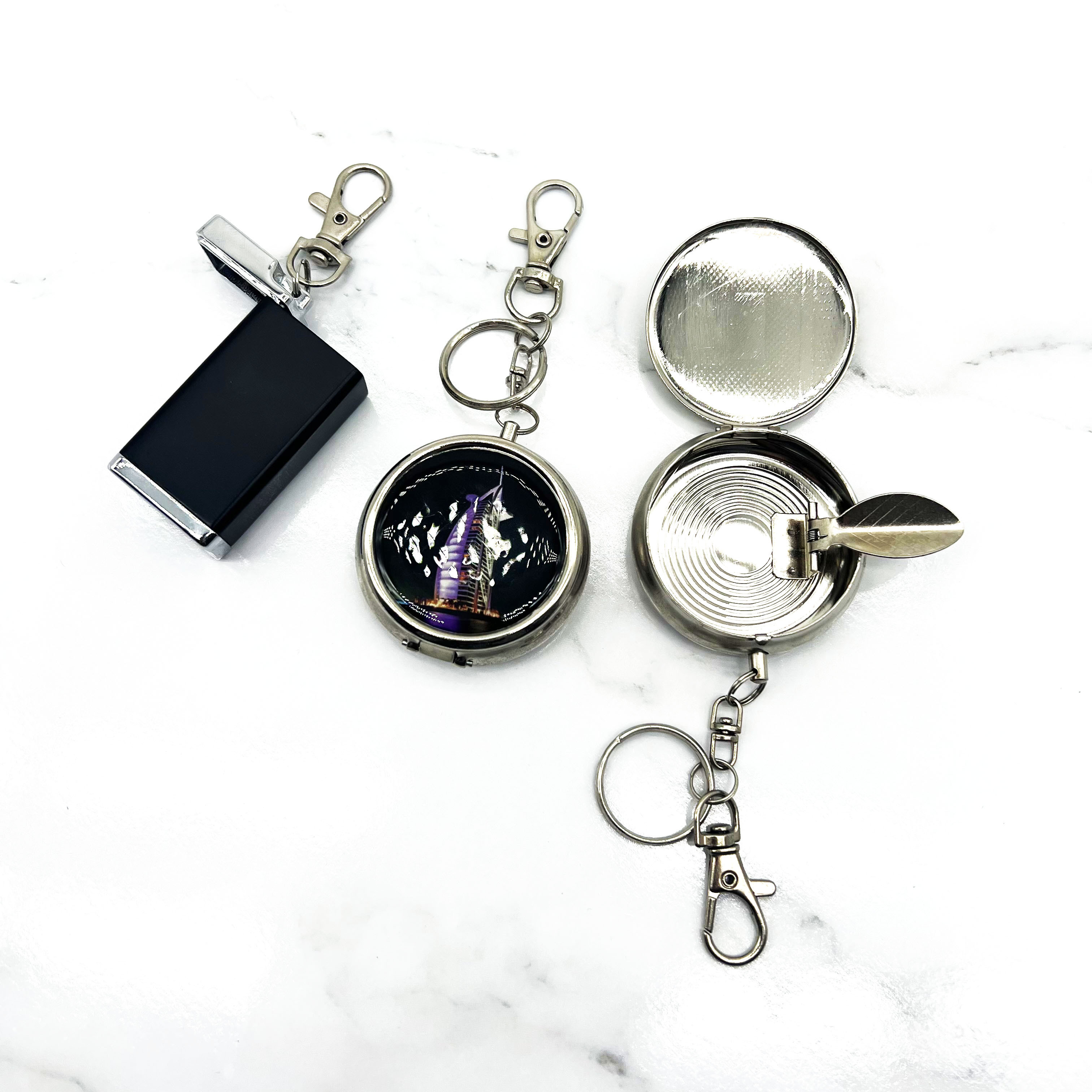 Custom Mini Compact Stainless Steel Small Portable Pocket Circular Smokeless Ashtray Key Chain with Cigarette Snuffer