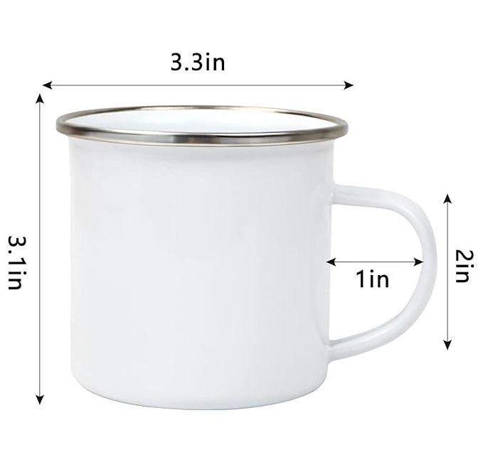 Hot Sales Sublimation Blank White Enamel Mug 12 OZ with Silver Rim Christmas Outdoor Camping Travel Coffee Metal Mug for Gifts