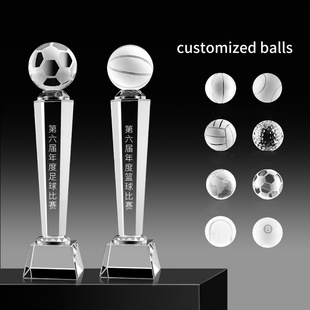 Hot Sale Custom Creative Design Logo and Ball Business Gift Solid Glass Crystal balls with base for football and basketball Game