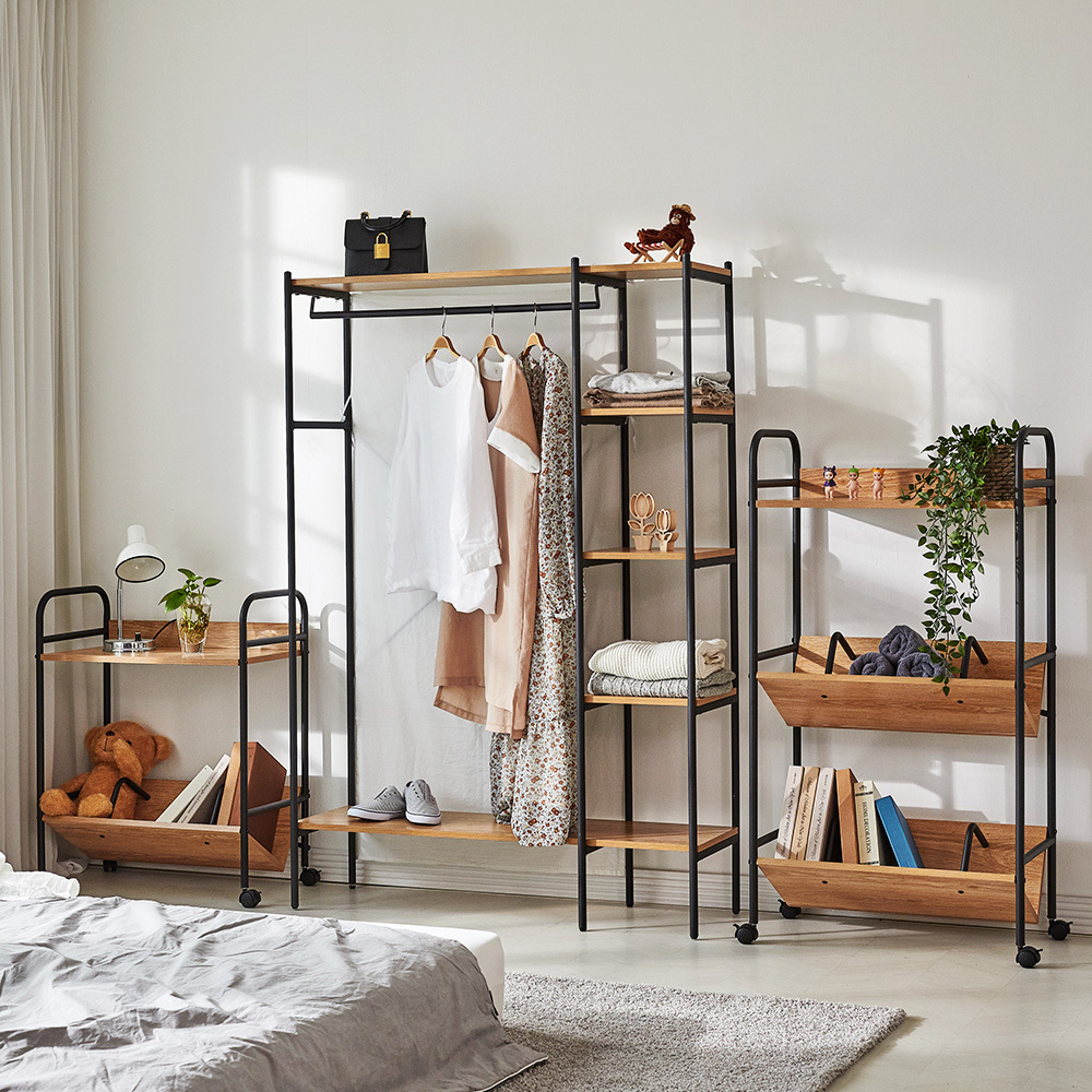 Modern Metal Frame Wooden Clothes Armoire Wardrobe set  display shelving rack steel closet organizer for small space