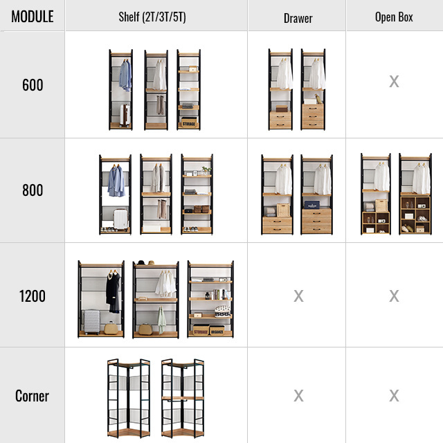 Powder Coated Finish DIY Multi-purpose Metal Wooden Adjustable Wardrobe Walk-in Closet Organizer