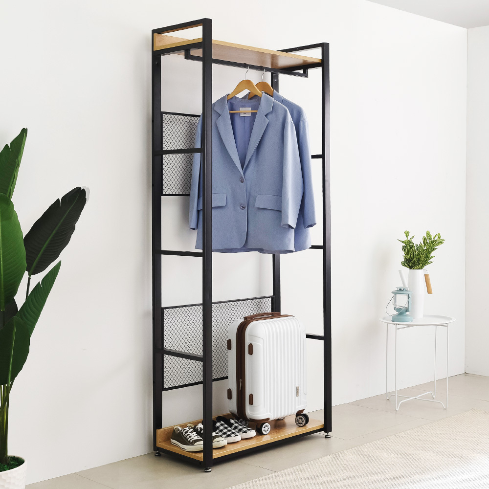 Metal hanger rod wooden shelves wardrobe walk in closet Freestanding 2 Tiers Shelves Clothes Garment Racks