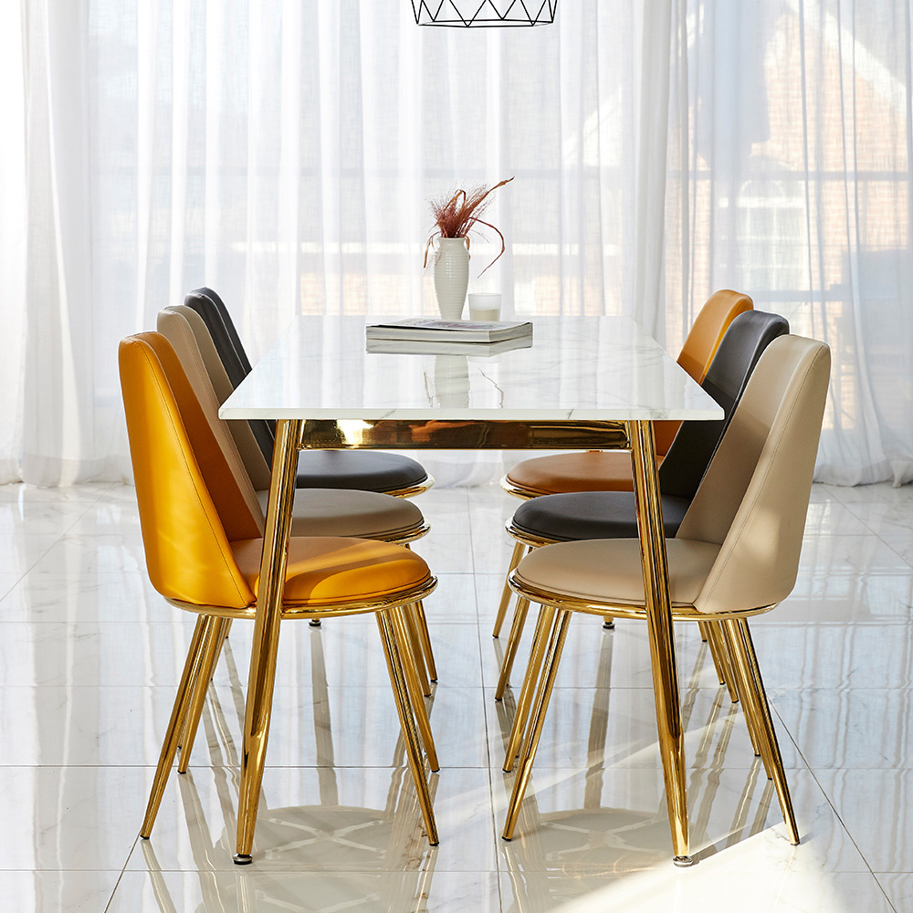 Modern Contemporary PU Leather Seat beige Dining Chairs with gold metal iron leg Hotel Salon Restaurant Chairs