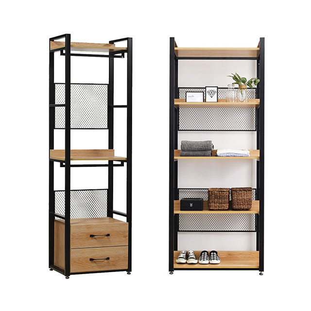 Bedroom Furniture Black Steel Frame Acacia Walnut Wooden Shelf Clothing Wardrobe Design Metal Closet