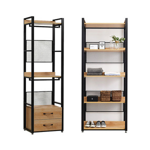 Bedroom Furniture Black Steel Frame Acacia Walnut Wooden Shelf Clothing Wardrobe Design Metal Closet