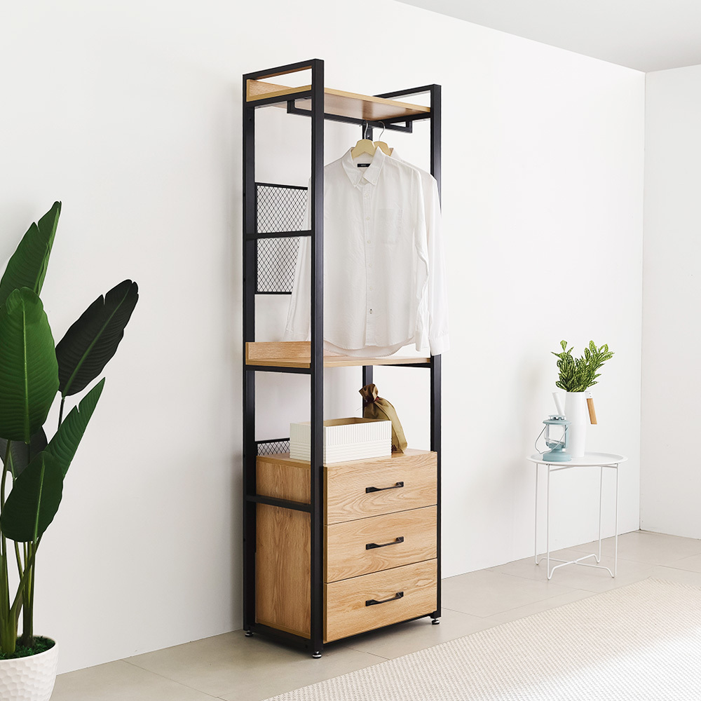 Multi-Function Bedroom Furniture Clothes Rack Stands Metal Steel Metal Open Wooden Clothes Armoire Wardrobe With 2 Drawers