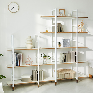 Wooden Metal Display Open Storage Shelves Bookcase boo square White frame 5 tiers back mesh leaning bookshelf