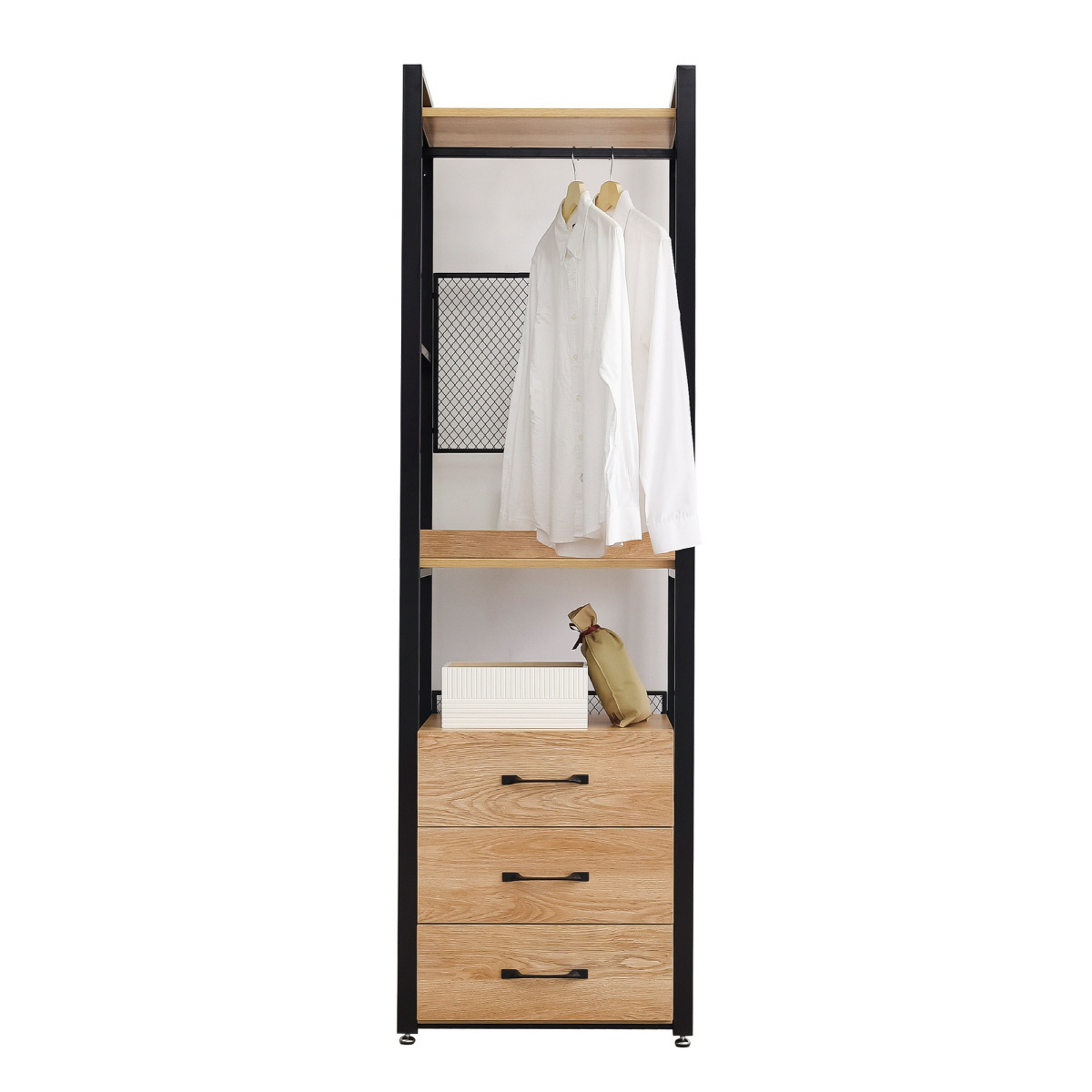 Multi-Function Bedroom Furniture Clothes Rack Stands Metal Steel Metal Open Wooden Clothes Armoire Wardrobe With 2 Drawers