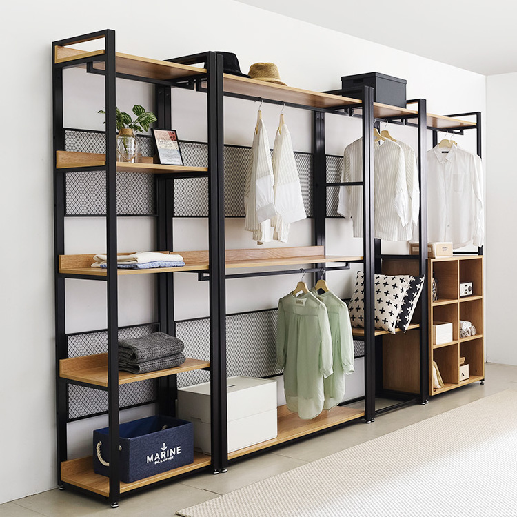 Bedroom Furniture Black Steel Frame Acacia Walnut Wooden Shelf Clothing Wardrobe Design Metal Closet