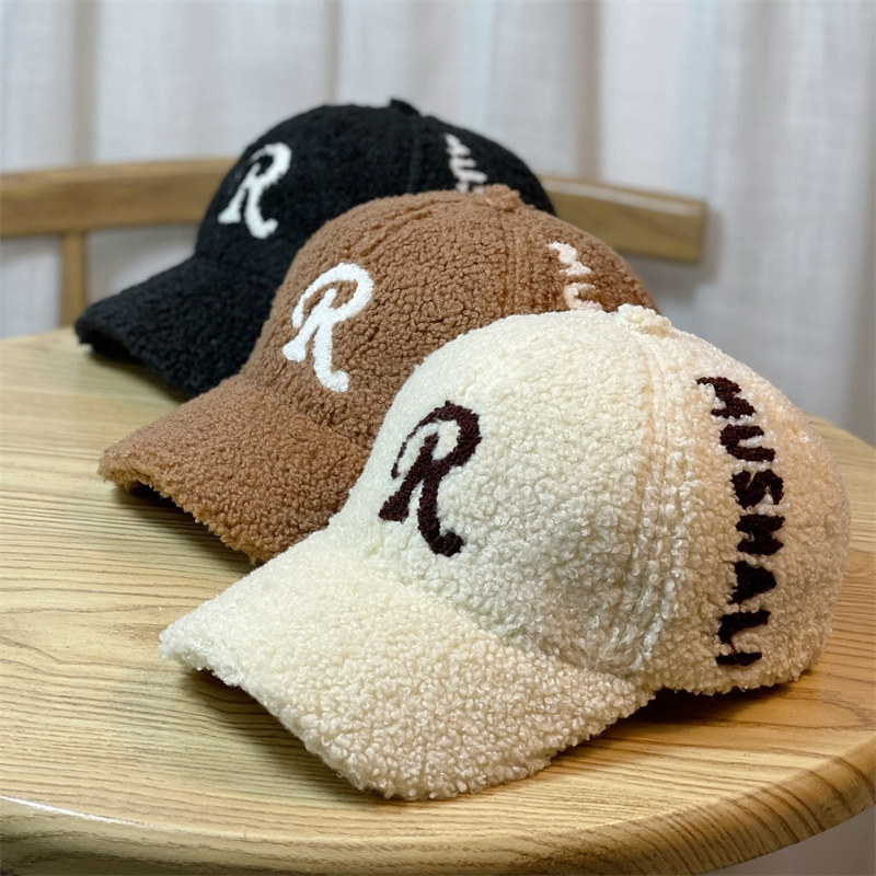 Embroidered R Baseball Caps Winter Cozy Plush Warm Fluffy Faux Teddy Fur Baseball Cap For Women