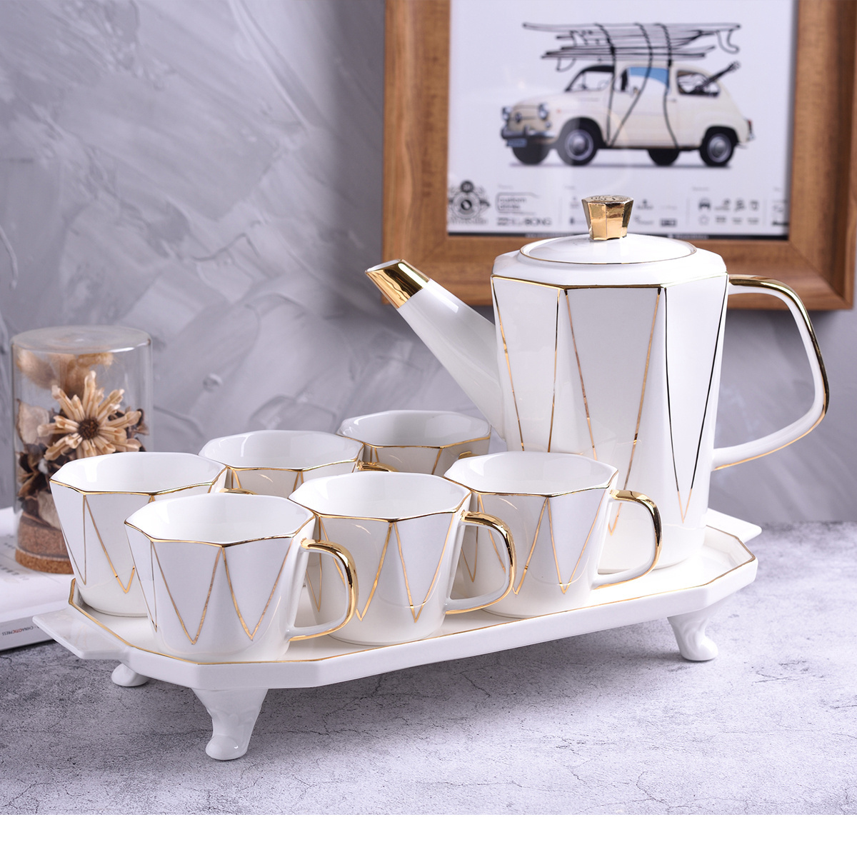 Luxury 8pcs Porcelain Coffee Tea Set With Gold Decor Ceramic Tea Pot And Cup Set