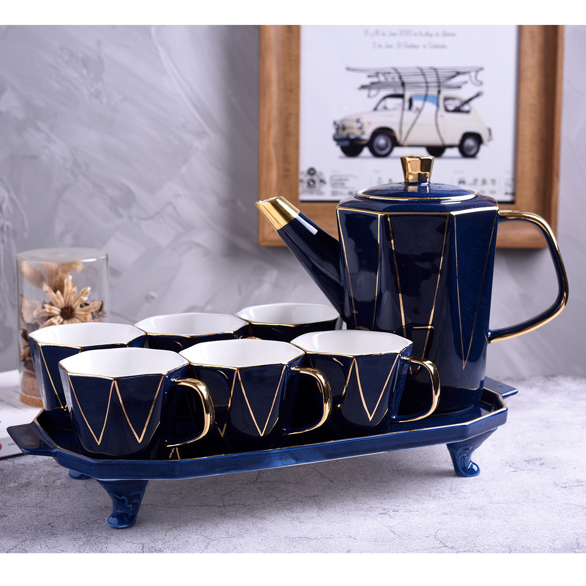 Luxury 8pcs Porcelain Coffee Tea Set With Gold Decor Ceramic Tea Pot And Cup Set