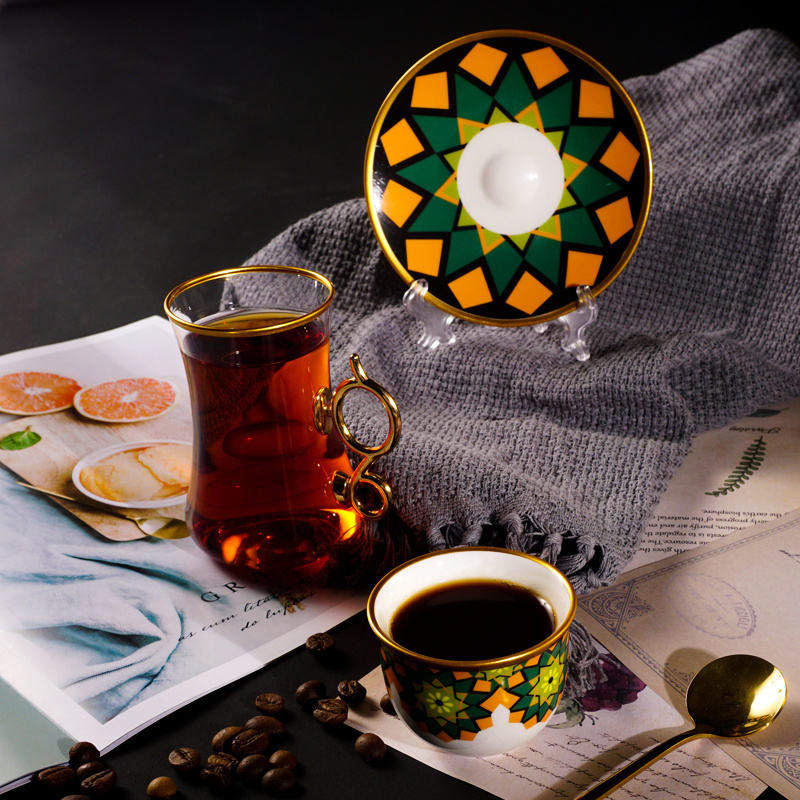 Custom Arabic Turkish Style Afternoon Glass Tea Coffee Cup Tazas Sets Crystal Glasses Cups Ceramic Porcelain Cawa Set For Six