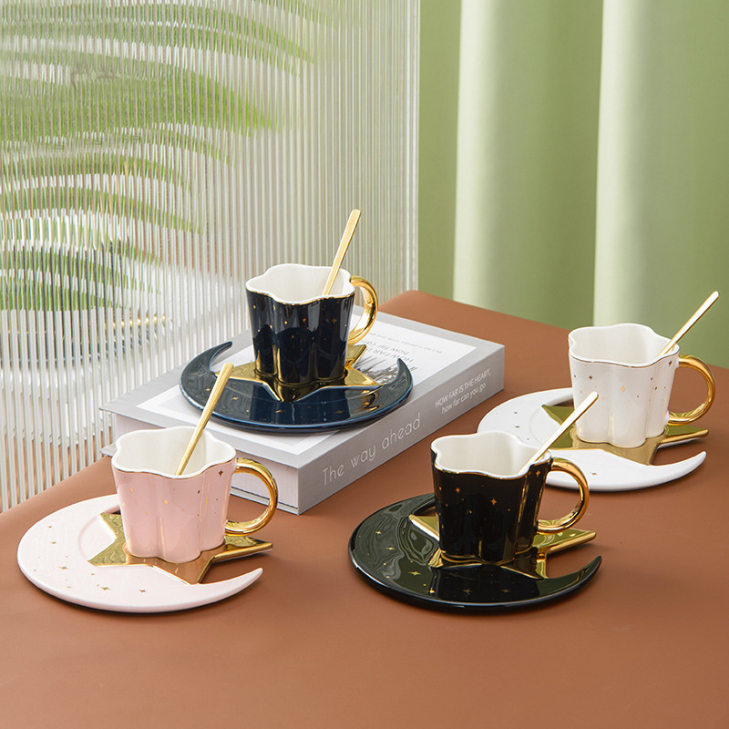 Nordic Irregular Fashion Star Moon Shape Ceramic Porcelain Coffee Cup and Saucer With Gold Rim