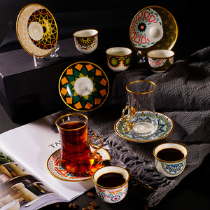 Custom Arabic Turkish Style Afternoon Glass Tea Coffee Cup Tazas Sets Crystal Glasses Cups Ceramic Porcelain Cawa Set For Six