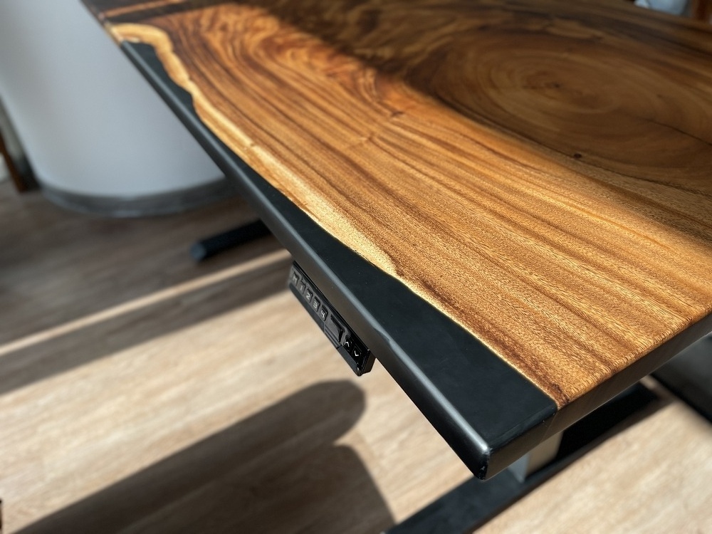 High quality live edge wood slab river dining table black epoxy table home office height adjustable electric standing resin desk