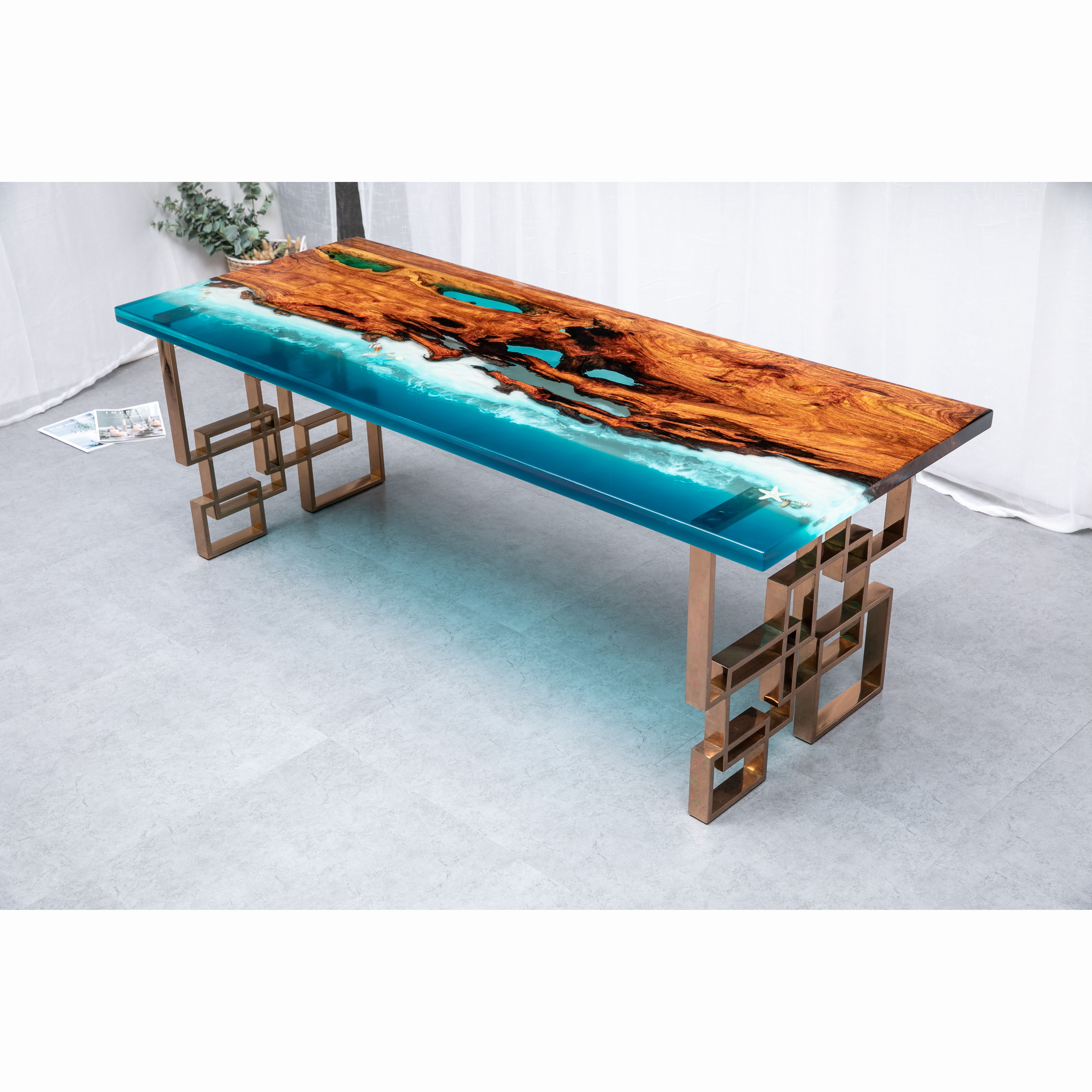 Ocean series epoxy resin wood table with leg nature solid ambila wood  wood resin table top