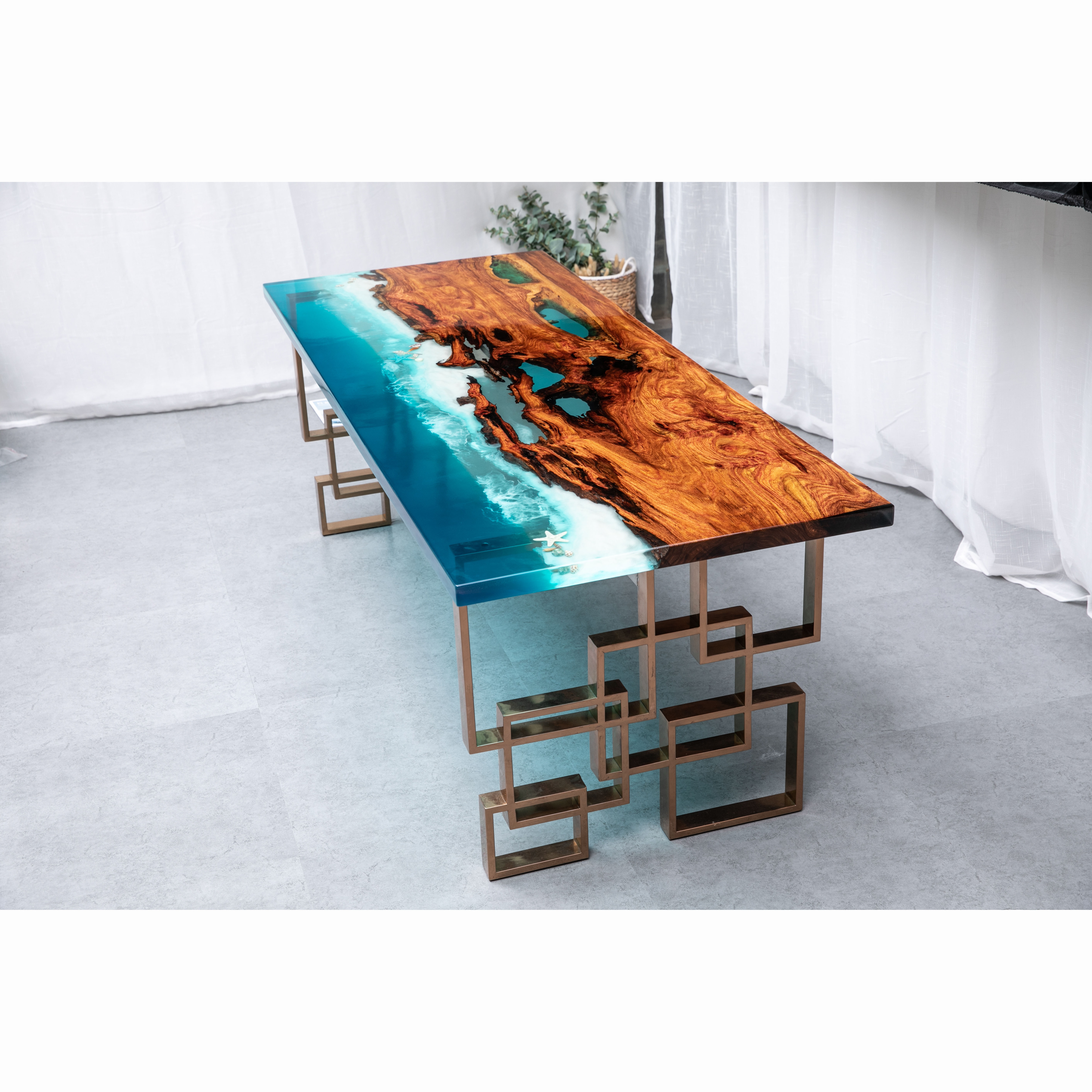 Ocean series epoxy resin wood table with leg nature solid ambila wood  wood resin table top