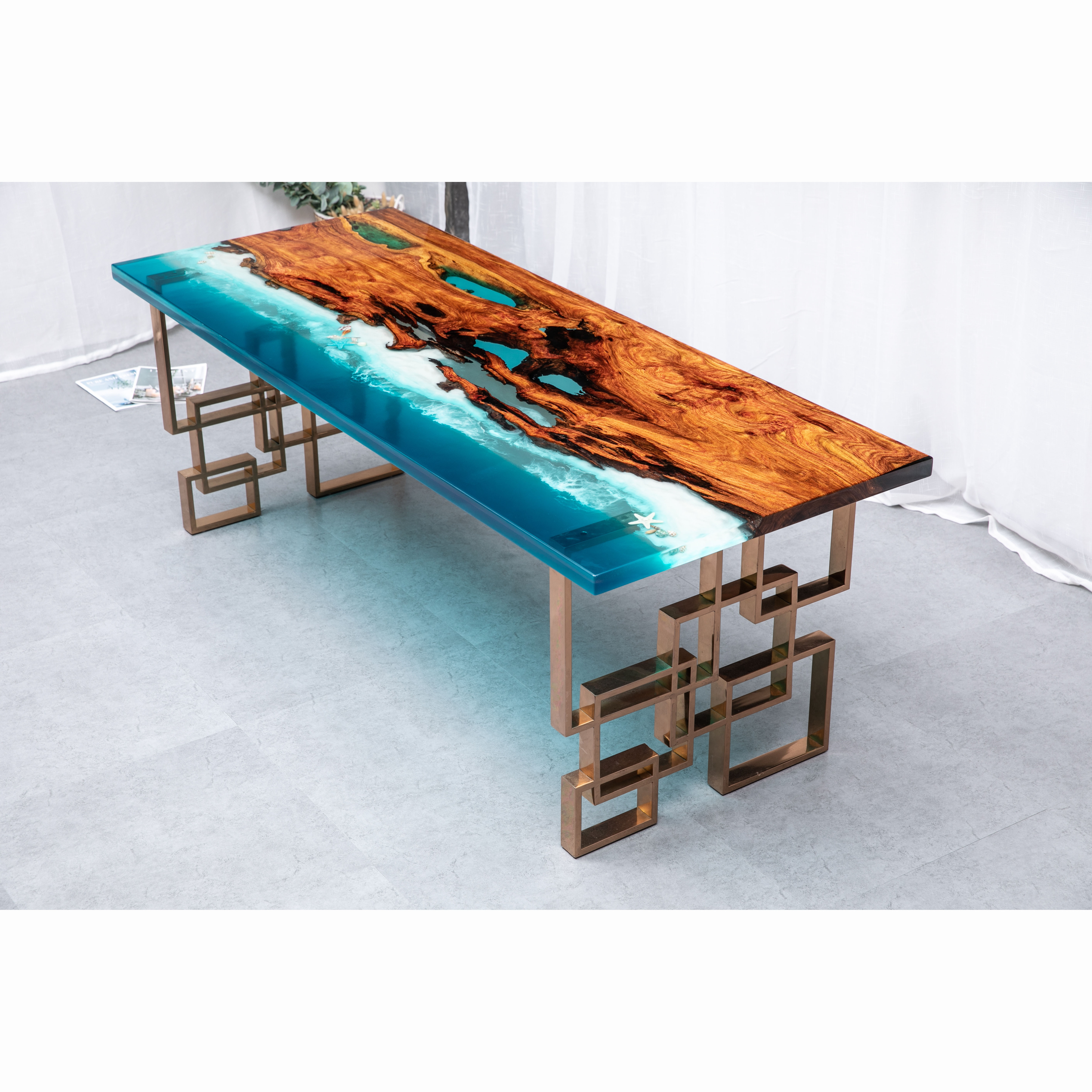 Ocean series epoxy resin wood table with leg nature solid ambila wood  wood resin table top