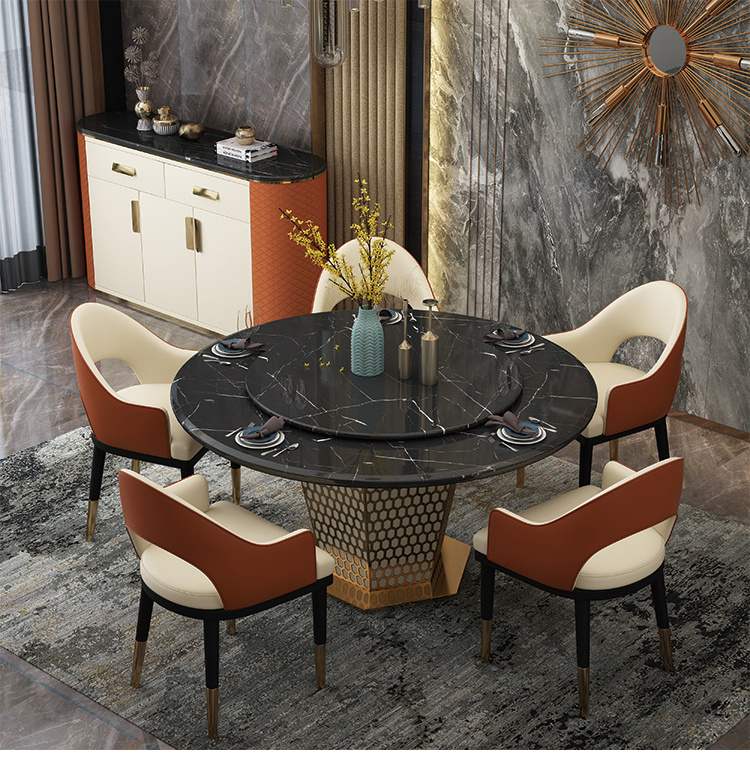 Modern Useful Dining Room Furniture Black Marble Top Round Rotating Dining Table