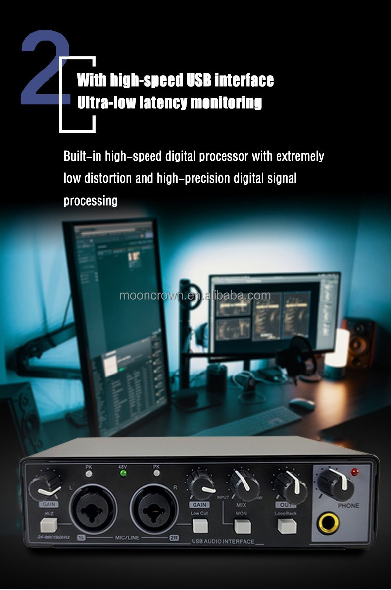 MD22 Professional  recording Studio Mixing Console Podcast 2 Channels 24Bit 192Hkz Audio Interface USB sound card for  Recording