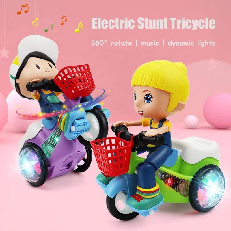 Universal Wheel 360 Degree Rotating Toys with Cool Lights Music Battery Operated Toys for Kids Electric Stunt Tricycle Toy