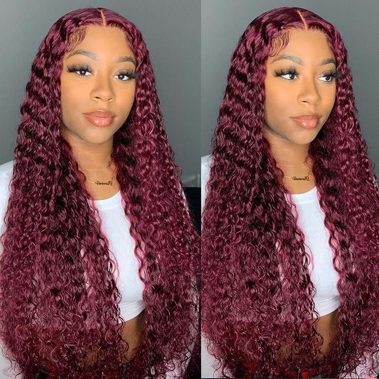 99J Burgundy Deep Wave Lace Front Human Hair Wigs 13X4 13X6 Transparent Hd Lace Frontal Wig 180% Red Colored Curly Human Hair