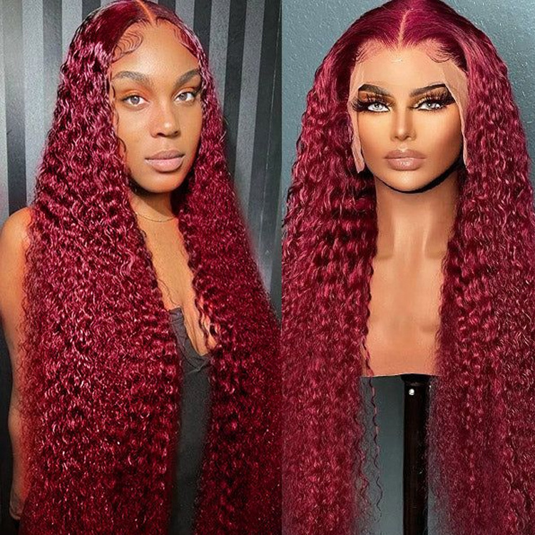 99J Burgundy Deep Wave Lace Front Human Hair Wigs 13X4 13X6 Transparent Hd Lace Frontal Wig 180% Red Colored Curly Human Hair