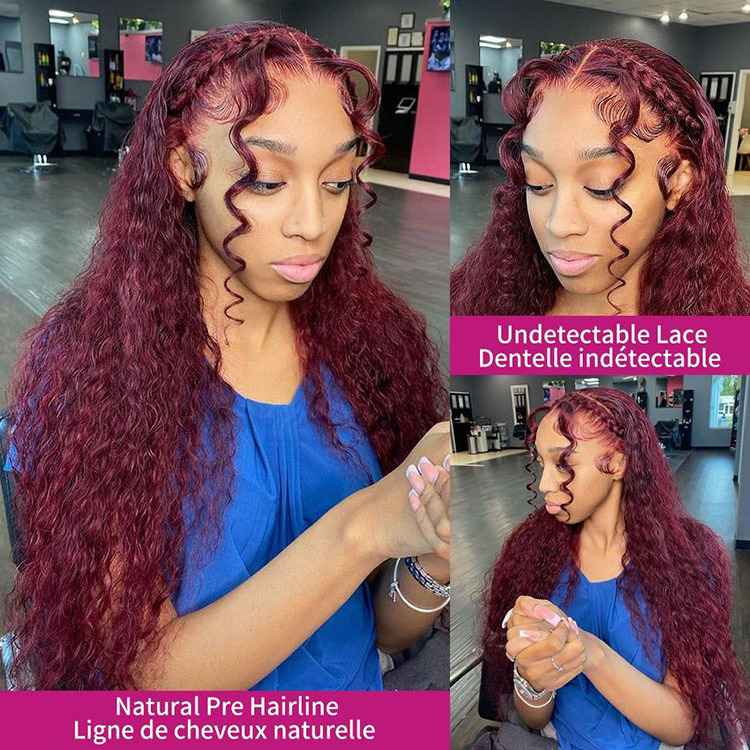 99J Burgundy Deep Wave Lace Front Human Hair Wigs 13X4 13X6 Transparent Hd Lace Frontal Wig 180% Red Colored Curly Human Hair