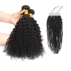 Cheap Virgin Unprocessed Mongolian Kinky Curly Remy Hair Bundle 3Pcs With Lace Closure Free Shipping