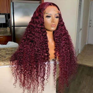 99J Burgundy Deep Wave Lace Front Human Hair Wigs 13X4 13X6 Transparent Hd Lace Frontal Wig 180% Red Colored Curly Human Hair