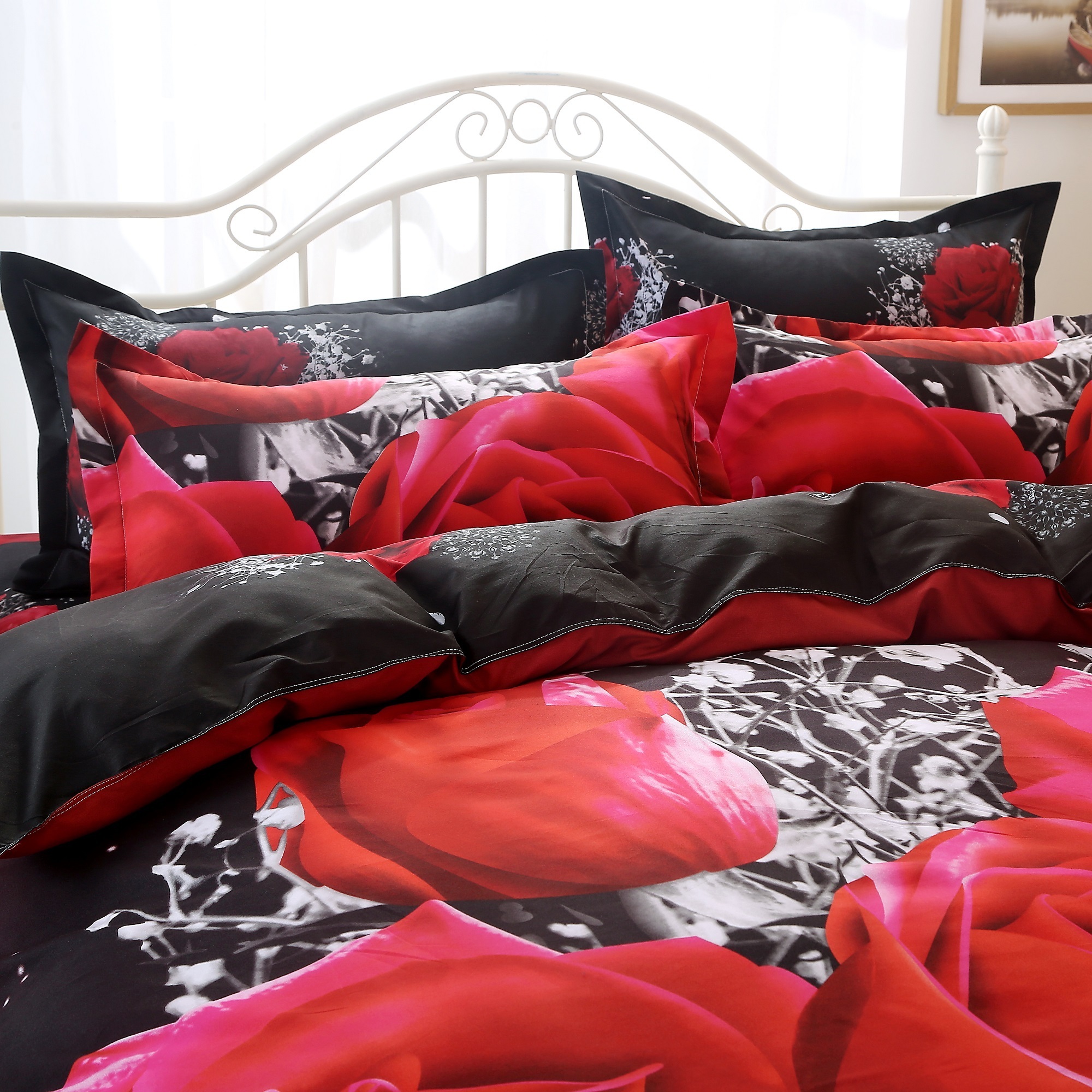 3D printed flower plant organic red rose print polyester bedding set ready to ship wedding