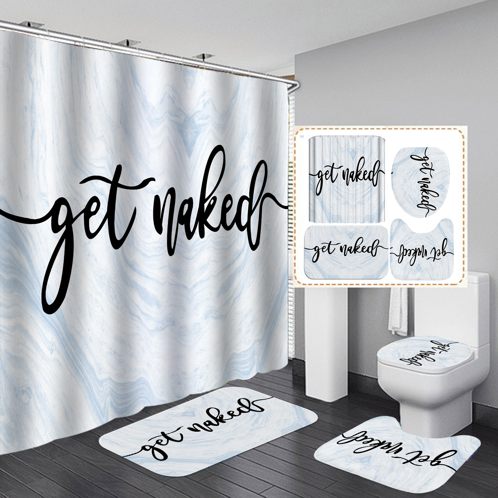 3D styles 4pcs Get Naked Funny Quotes Shower Curtain Sets with Rugs