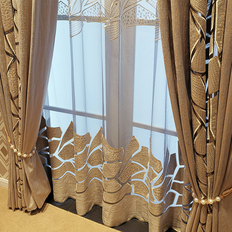 European Style Luxury Blue Golden Hollow out  Embroidery Shading  window curtains