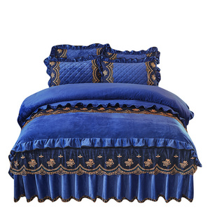 American Style 3d printed embroid wedding Luxury Velvet Navy Blue 4pcs Duvet Cover Set