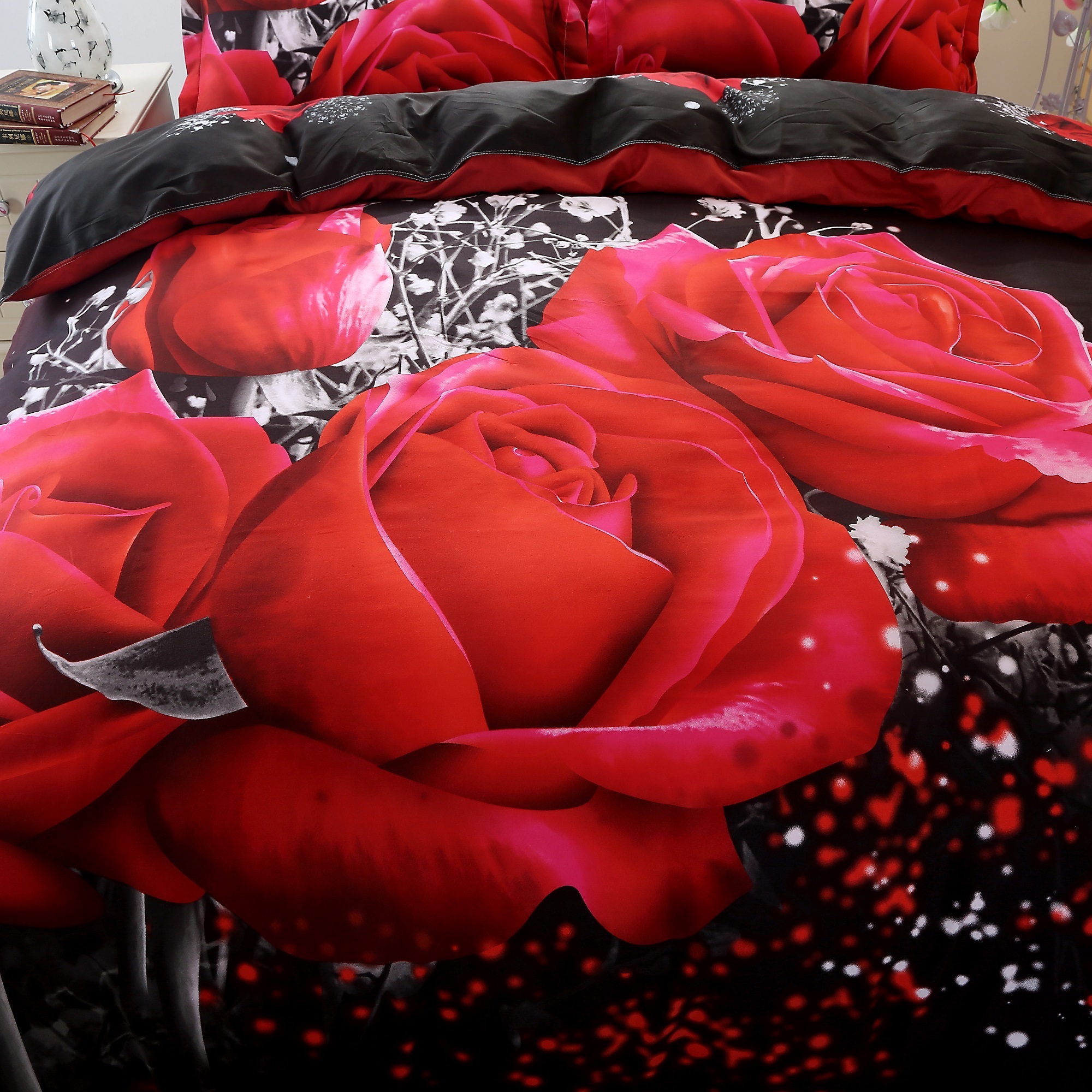 3D printed flower plant organic red rose print polyester bedding set ready to ship wedding