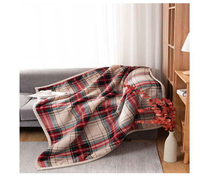 American Style Double Layer Red White Green Stripe Plaid Flannel Throw Blanket