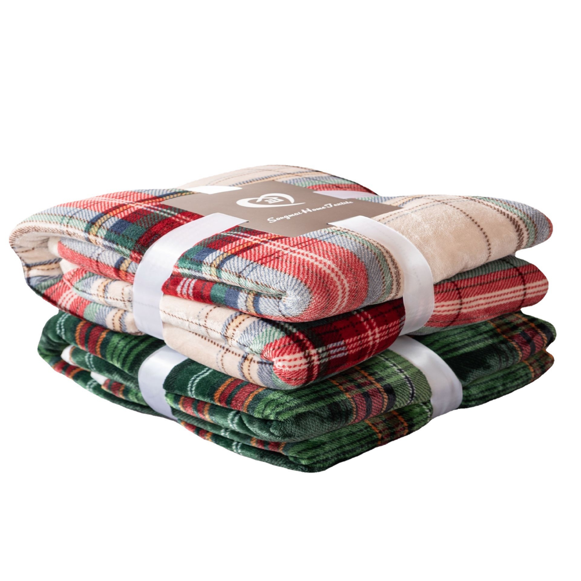 American Style Double Layer Red White Green Stripe Plaid Flannel Throw Blanket