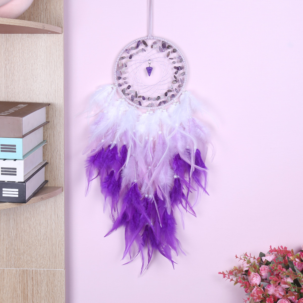 Custom Amethyst Dream Catcher Handmade Feather Lucky Pendant Wall Hanging Ornament for Kids Bedroom Home Decoration