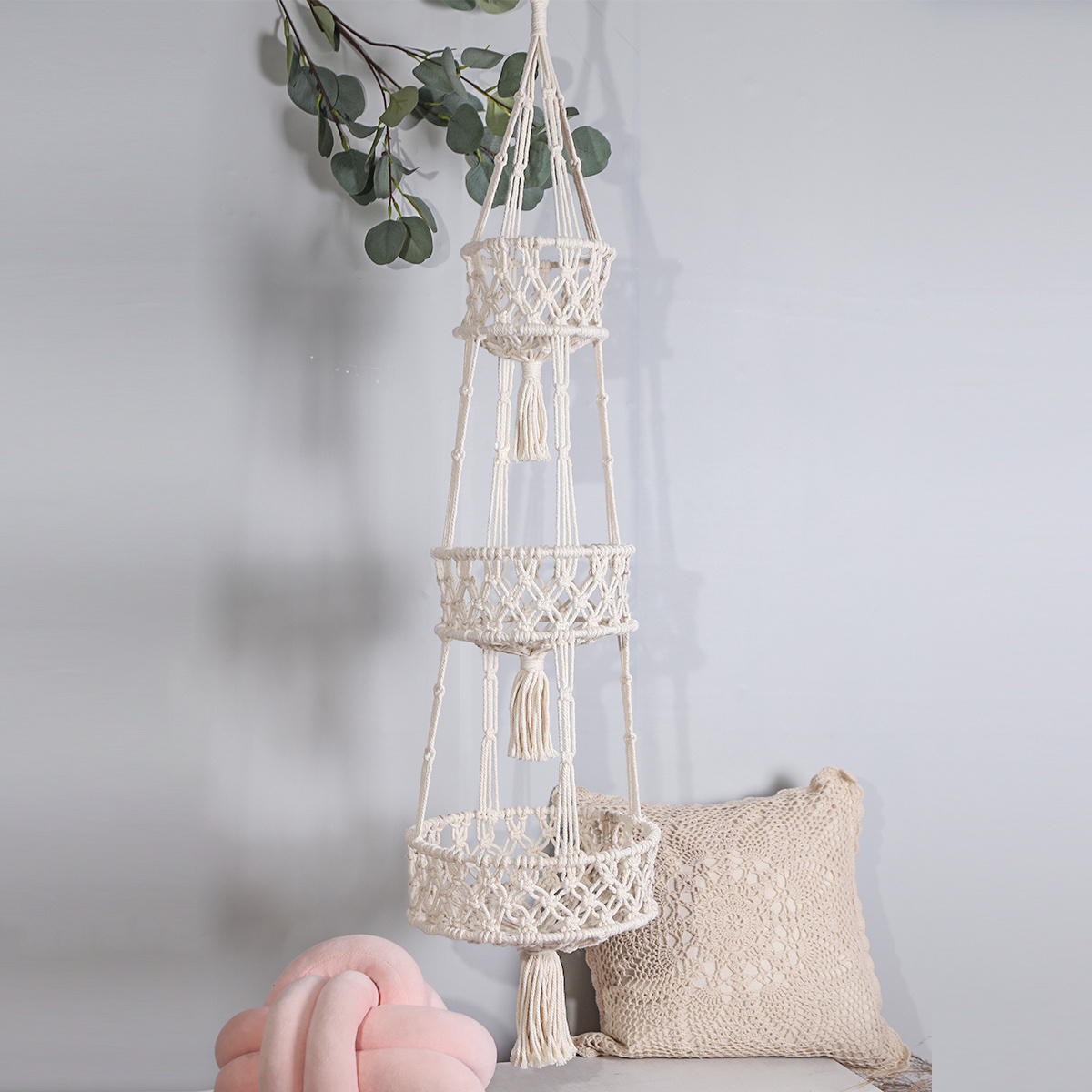 Bohemian Macrame Fruit Basket Wall Hanging 3 Tier Hammock for Hanging Produce Basket Home Kichen Decor Baskets