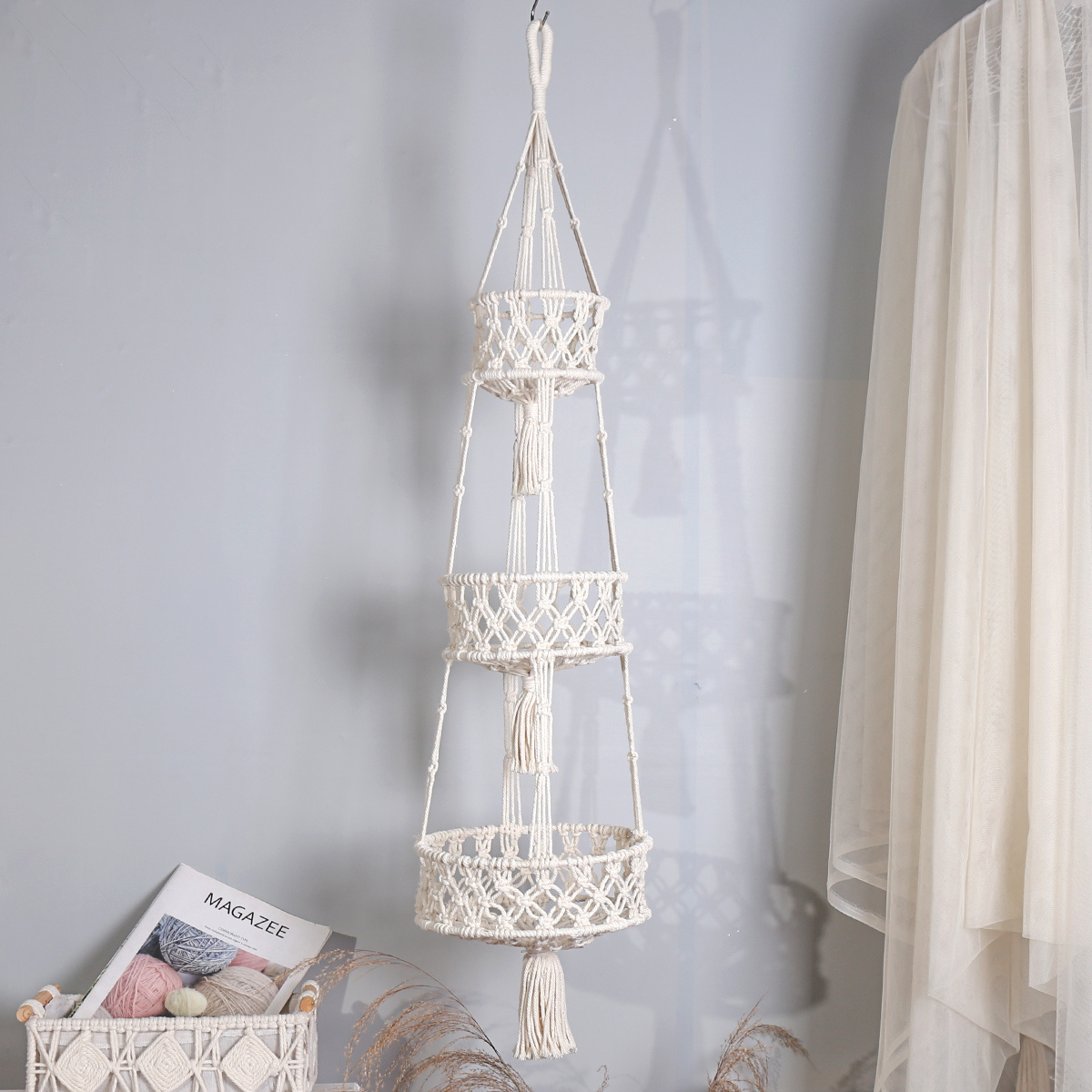 Bohemian Macrame Fruit Basket Wall Hanging 3 Tier Hammock for Hanging Produce Basket Home Kichen Decor Baskets