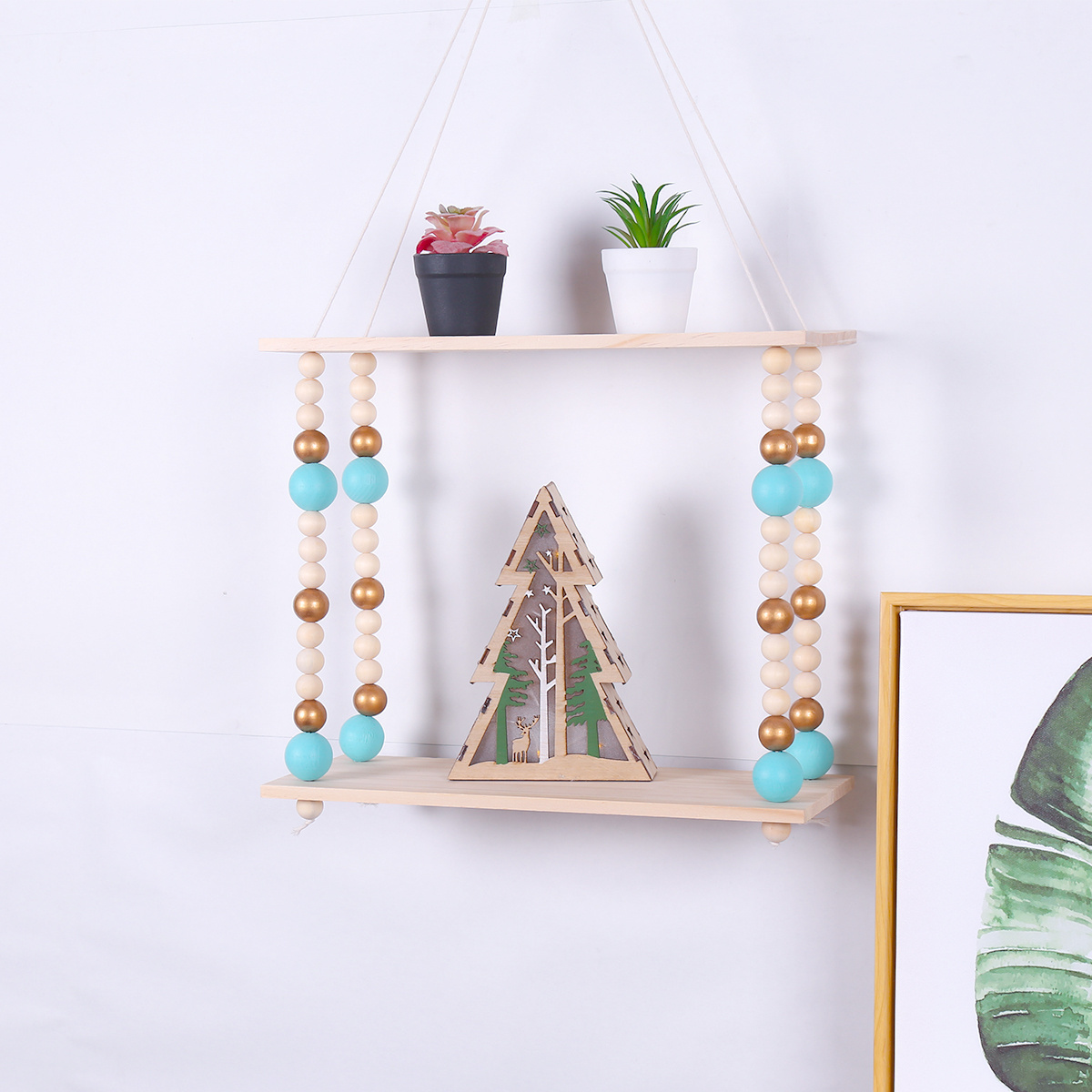 Low MOQ Wall Shelves Hanging Plant Shelf Key Storage Boho Wall Decor Shelves for Home Macrame Plant Hanger with Beads