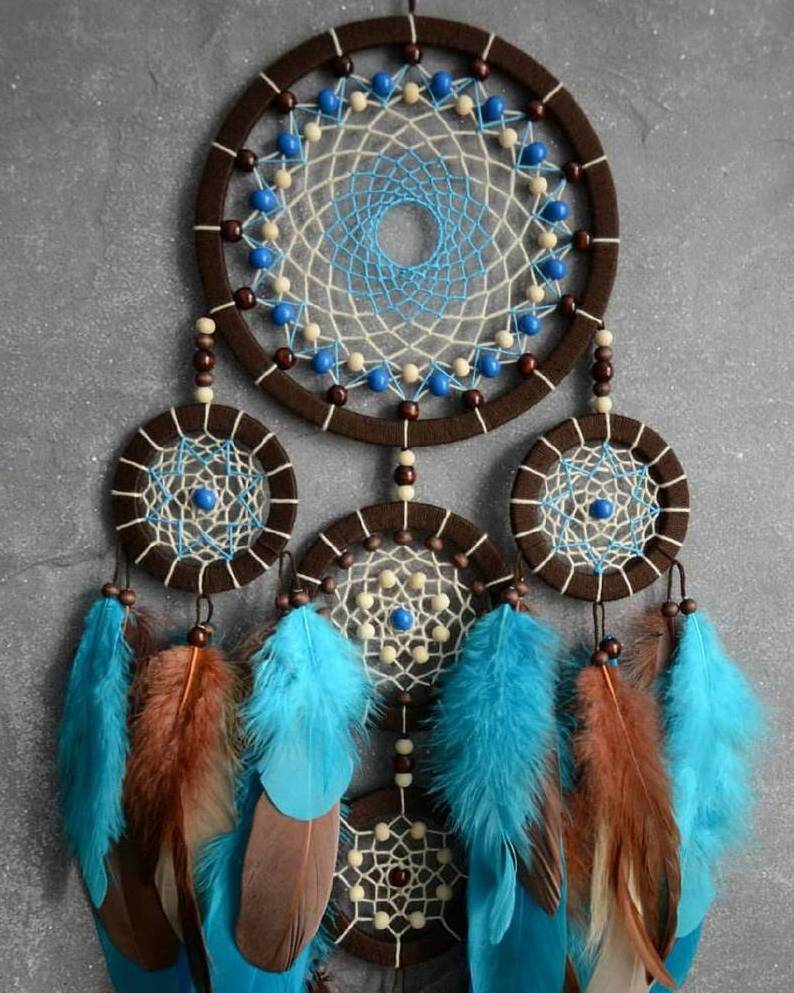 Handmade Large Feather Dream Catcher With 5 Rings. Blue Brown Dream Catcher Wall Hanging Bedroom Decor