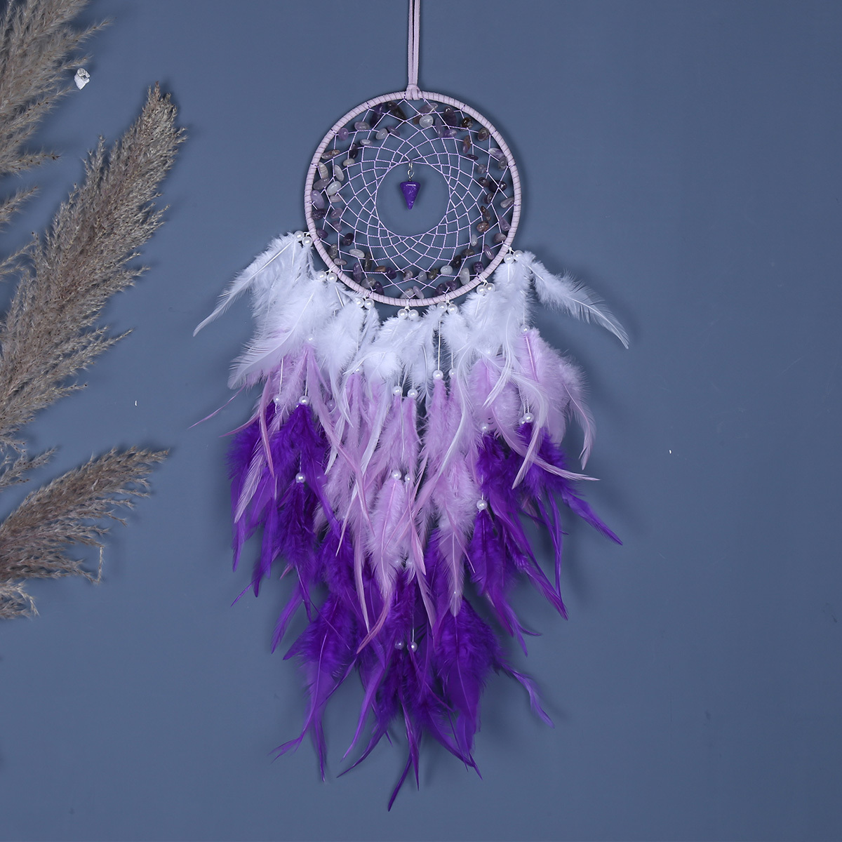 Custom Amethyst Dream Catcher Handmade Feather Lucky Pendant Wall Hanging Ornament for Kids Bedroom Home Decoration