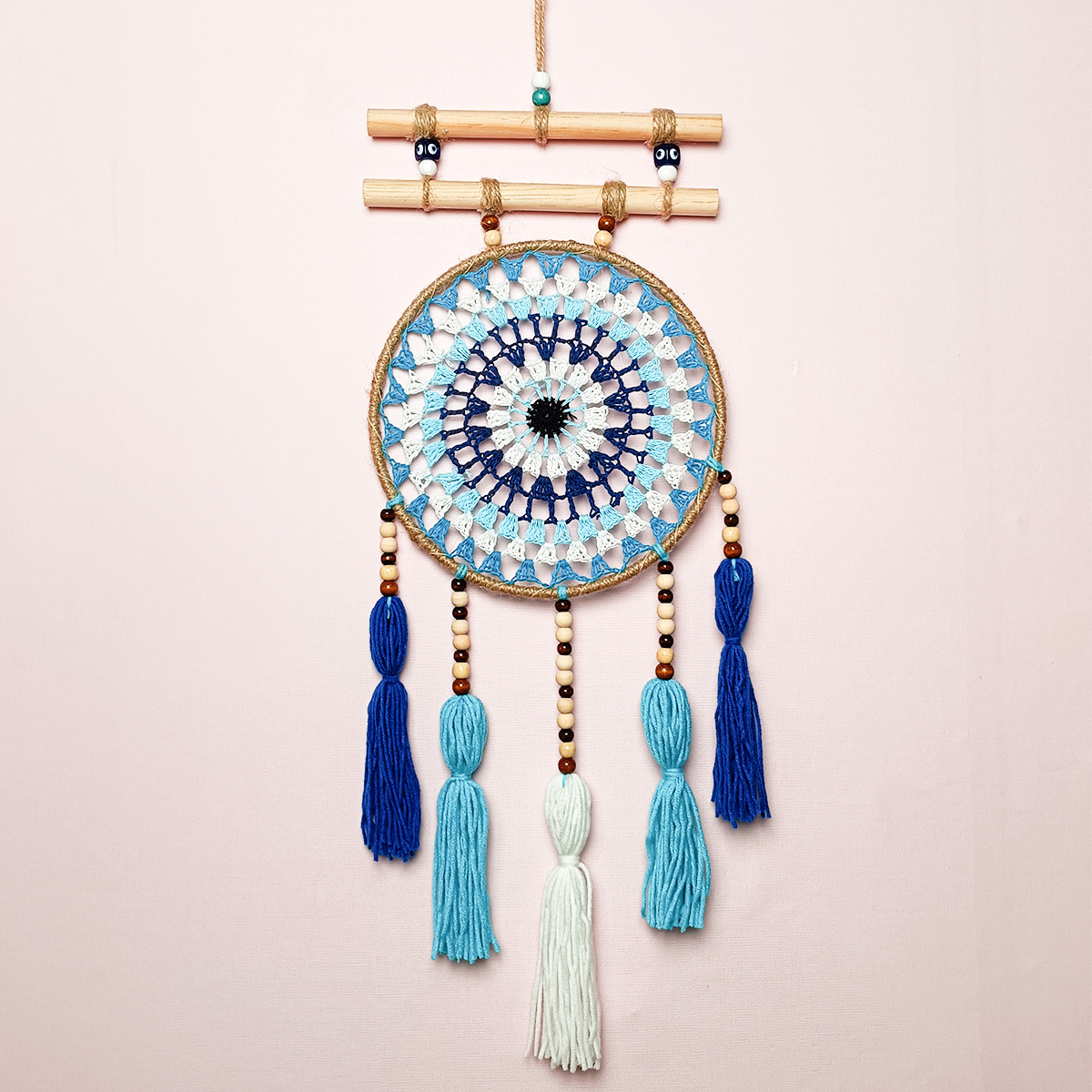 RTS Macrame Home Decoration Wall Art Two Stick Evil Eye Dream Catcher with Wool Tassel Home Ornaments Craft Gift for Bedroom