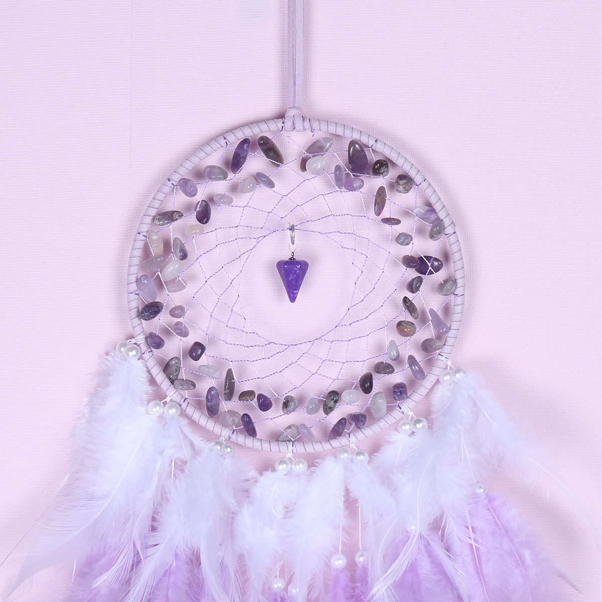 Custom Amethyst Dream Catcher Handmade Feather Lucky Pendant Wall Hanging Ornament for Kids Bedroom Home Decoration